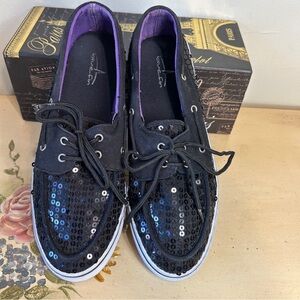 Blue Fin Black Sequin Embellished Canvas Deck Boat Shoes